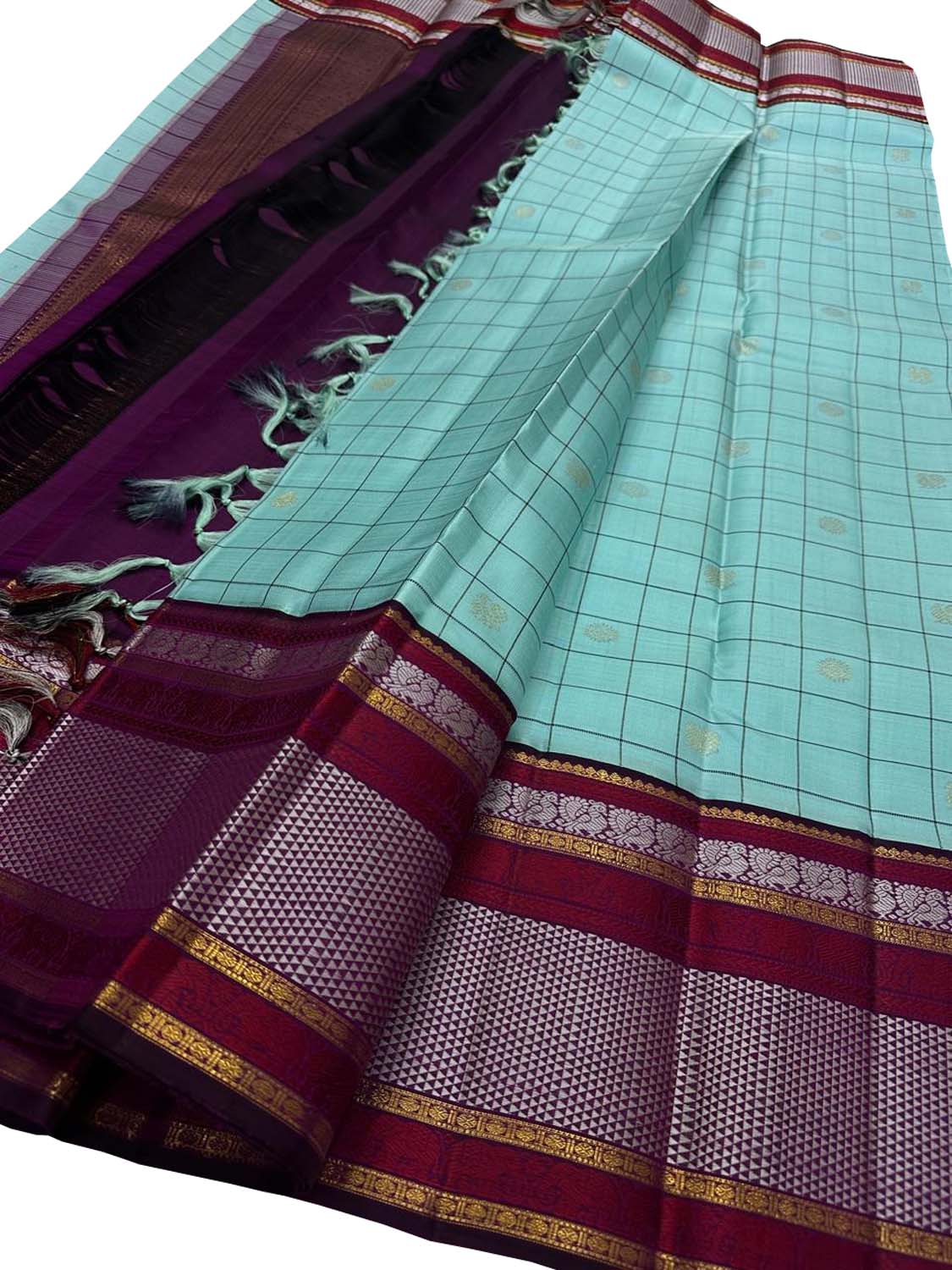 Exquisite Blue Checks Handloom Kanjeevaram Pure Silk Saree - Luxurion World