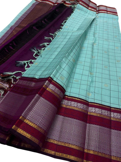 Exquisite Blue Checks Handloom Kanjeevaram Pure Silk Saree - Luxurion World