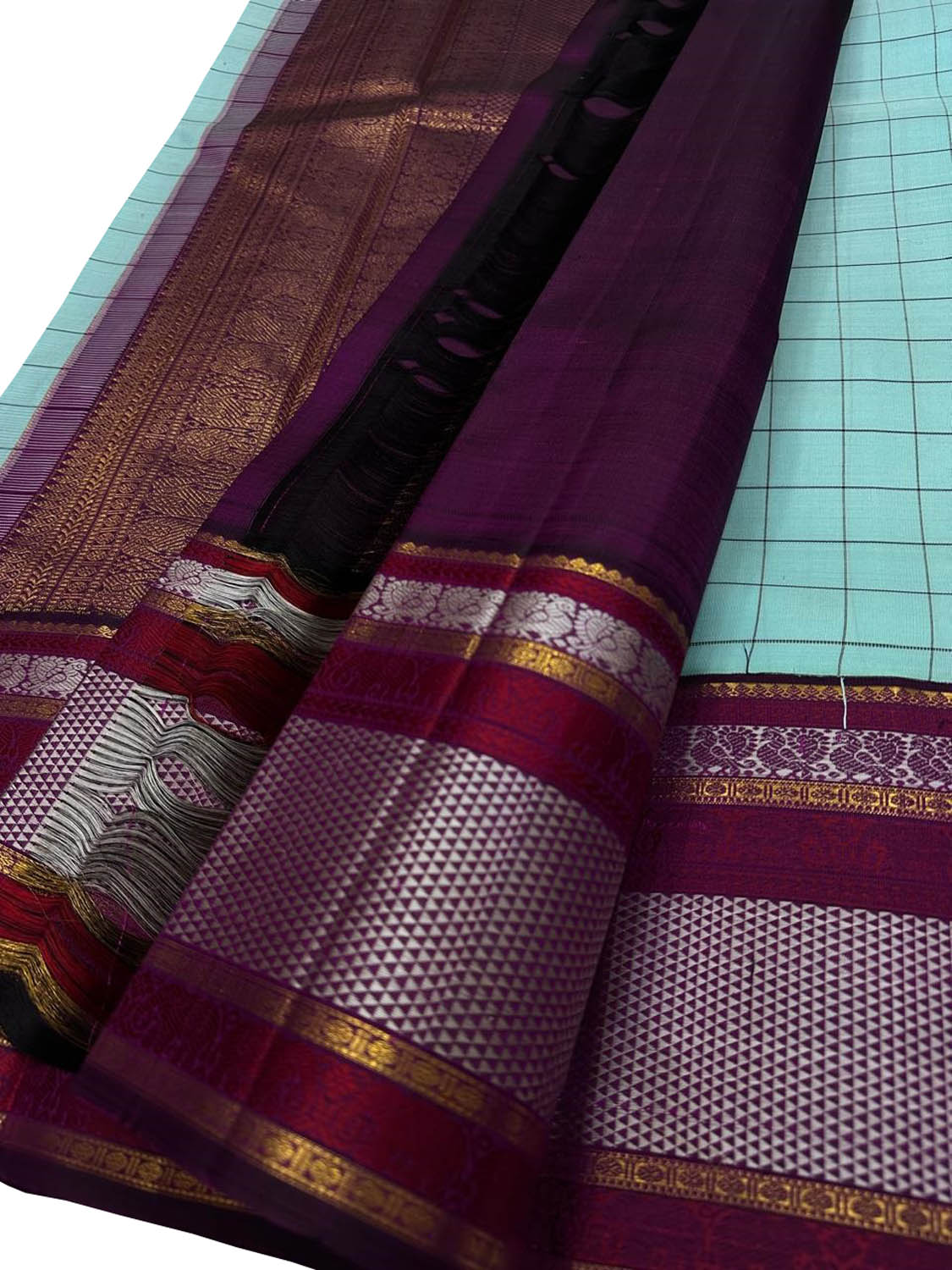 Exquisite Blue Checks Handloom Kanjeevaram Pure Silk Saree - Luxurion World