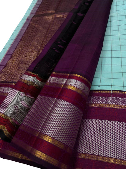 Exquisite Blue Checks Handloom Kanjeevaram Pure Silk Saree - Luxurion World