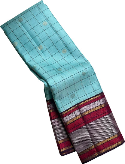 Exquisite Blue Checks Handloom Kanjeevaram Pure Silk Saree - Luxurion World