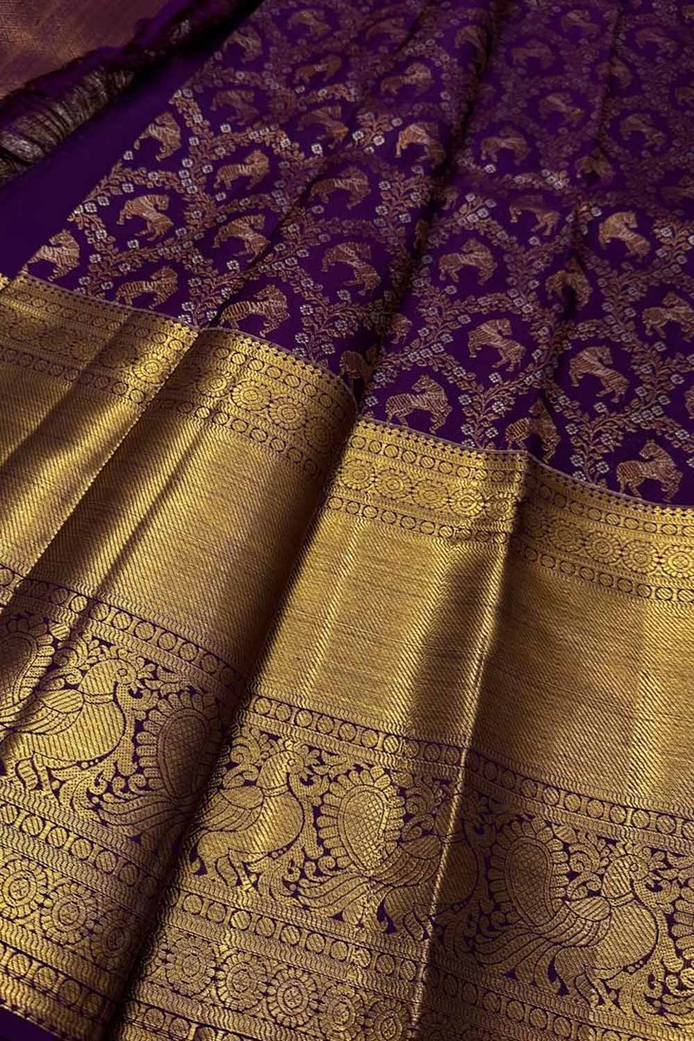 Exquisite Purple Handloom Kanjeevaram Pure Silk Animal Design Saree - Luxurion World