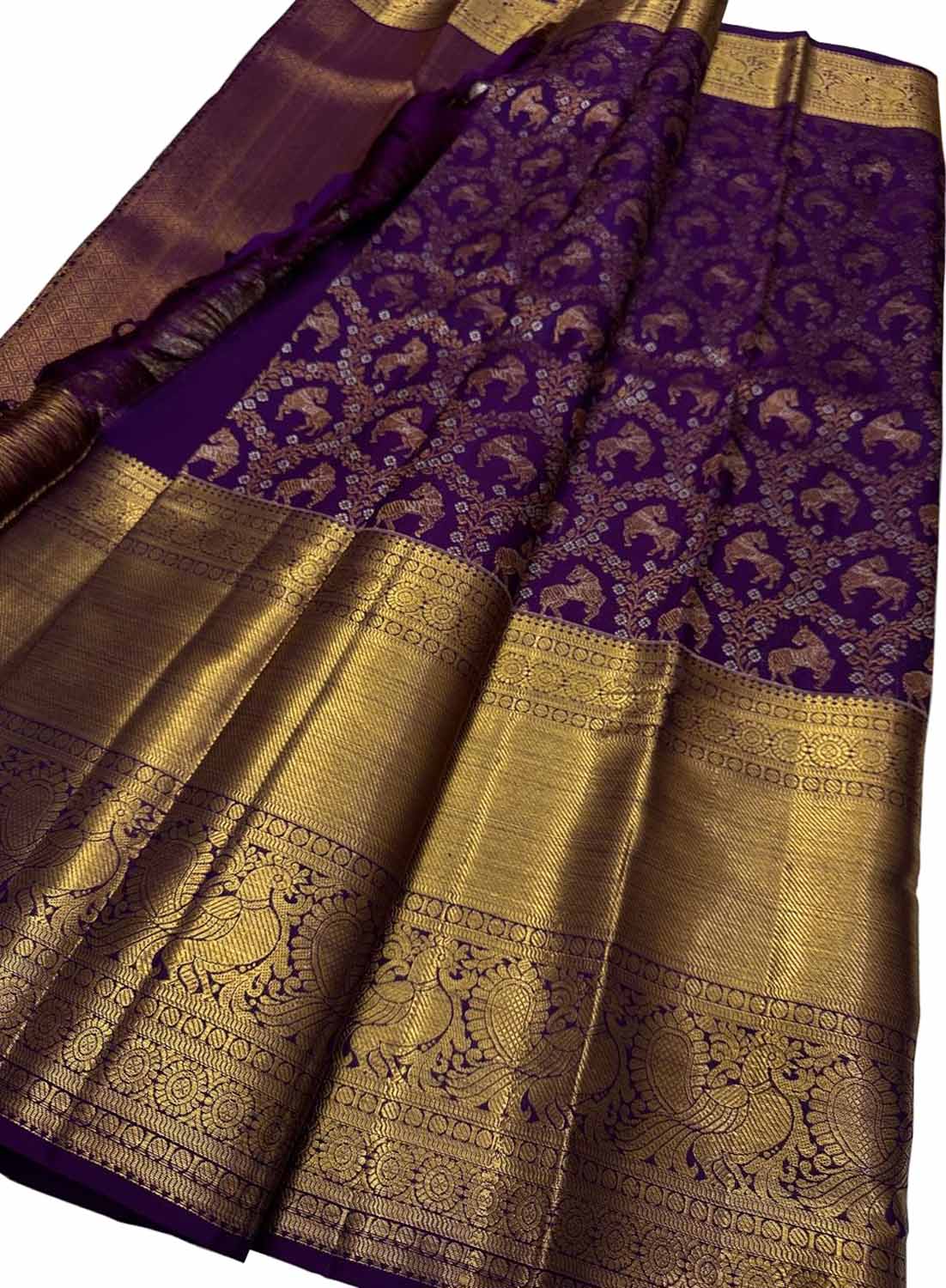 Exquisite Purple Handloom Kanjeevaram Pure Silk Animal Design Saree - Luxurion World