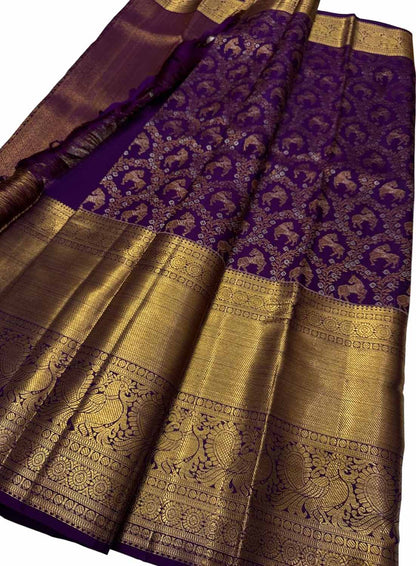 Exquisite Purple Handloom Kanjeevaram Pure Silk Animal Design Saree - Luxurion World