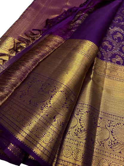 Exquisite Purple Handloom Kanjeevaram Pure Silk Animal Design Saree - Luxurion World