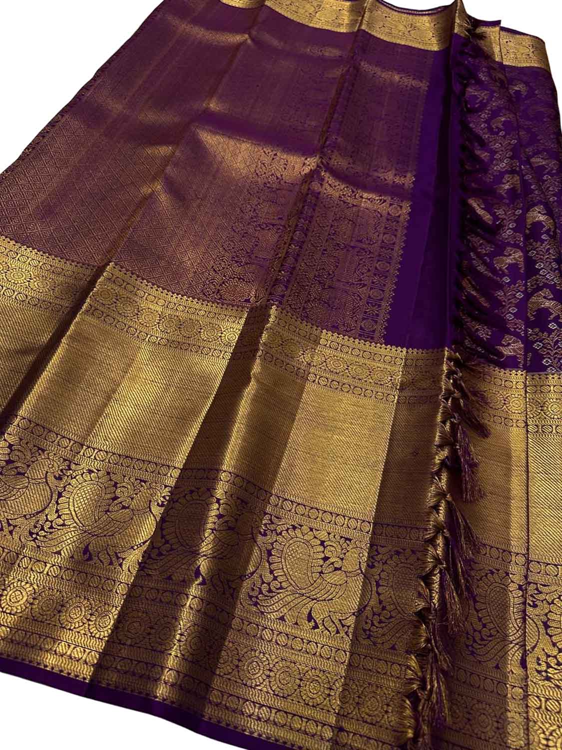Exquisite Purple Handloom Kanjeevaram Pure Silk Animal Design Saree - Luxurion World
