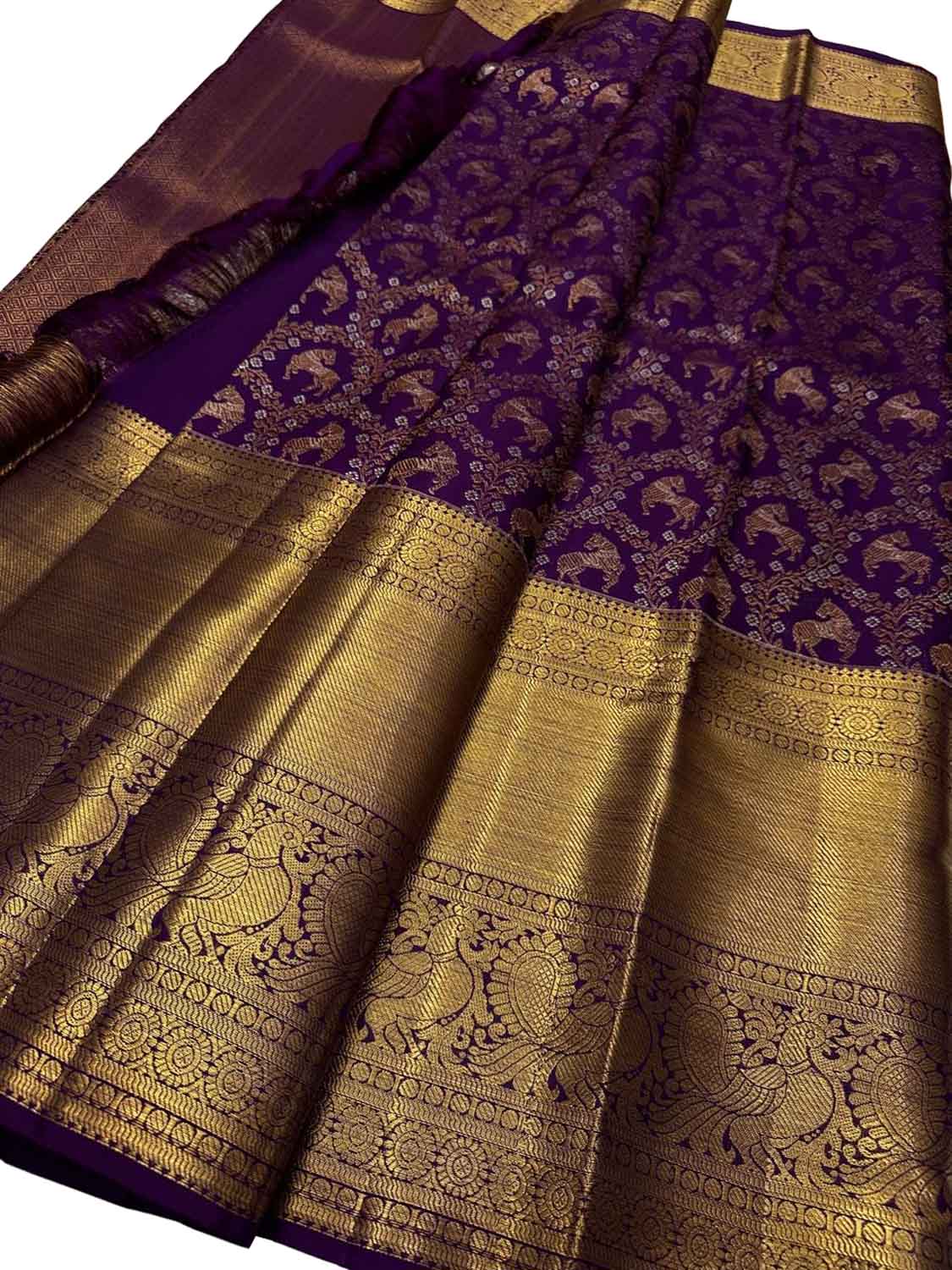 Exquisite Purple Handloom Kanjeevaram Pure Silk Animal Design Saree - Luxurion World
