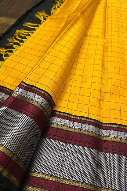 Yellow And Black Checks Handloom Kanjeevaram Pure Silk Saree - Luxurion World