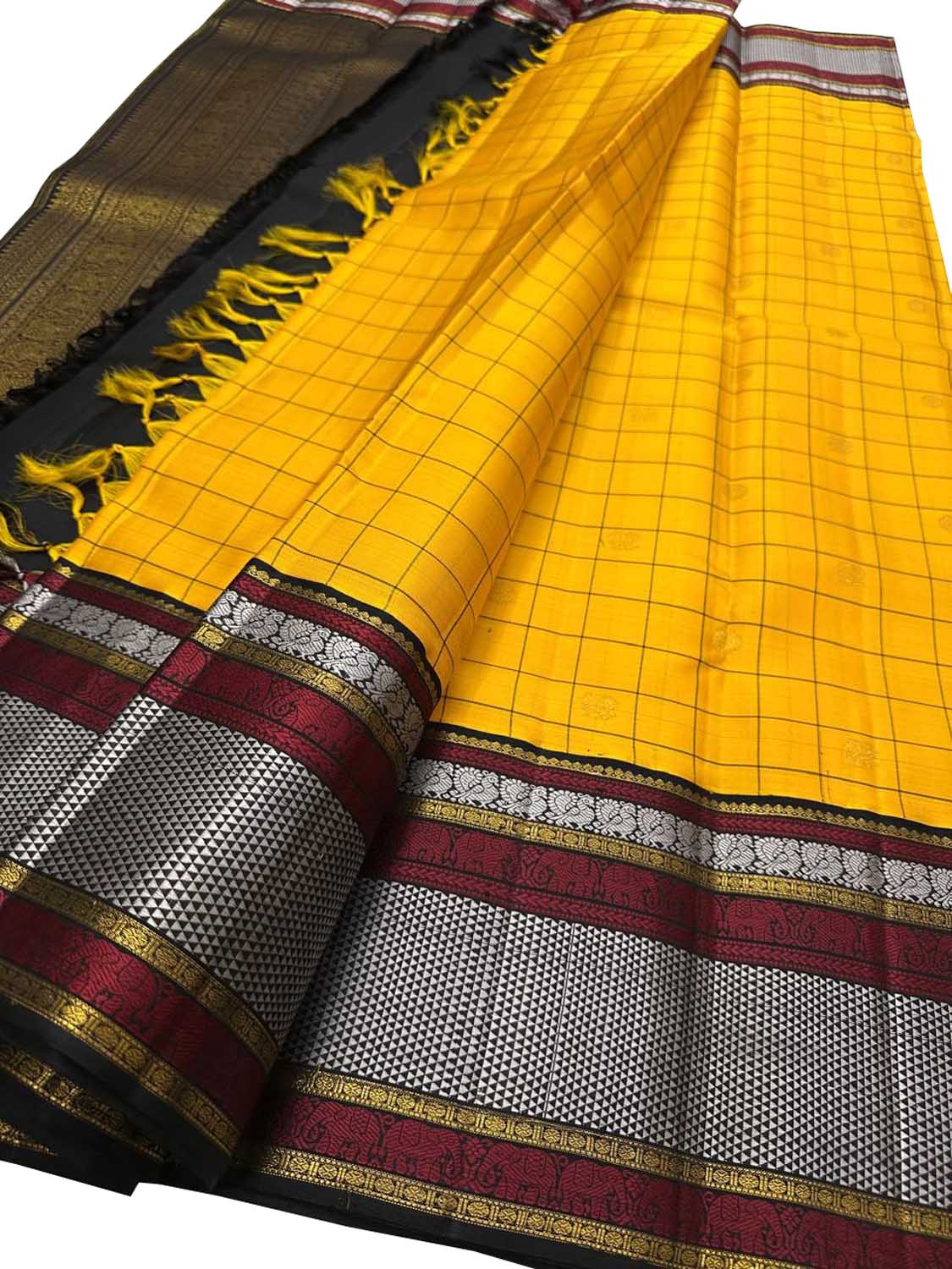Yellow And Black Checks Handloom Kanjeevaram Pure Silk Saree - Luxurion World