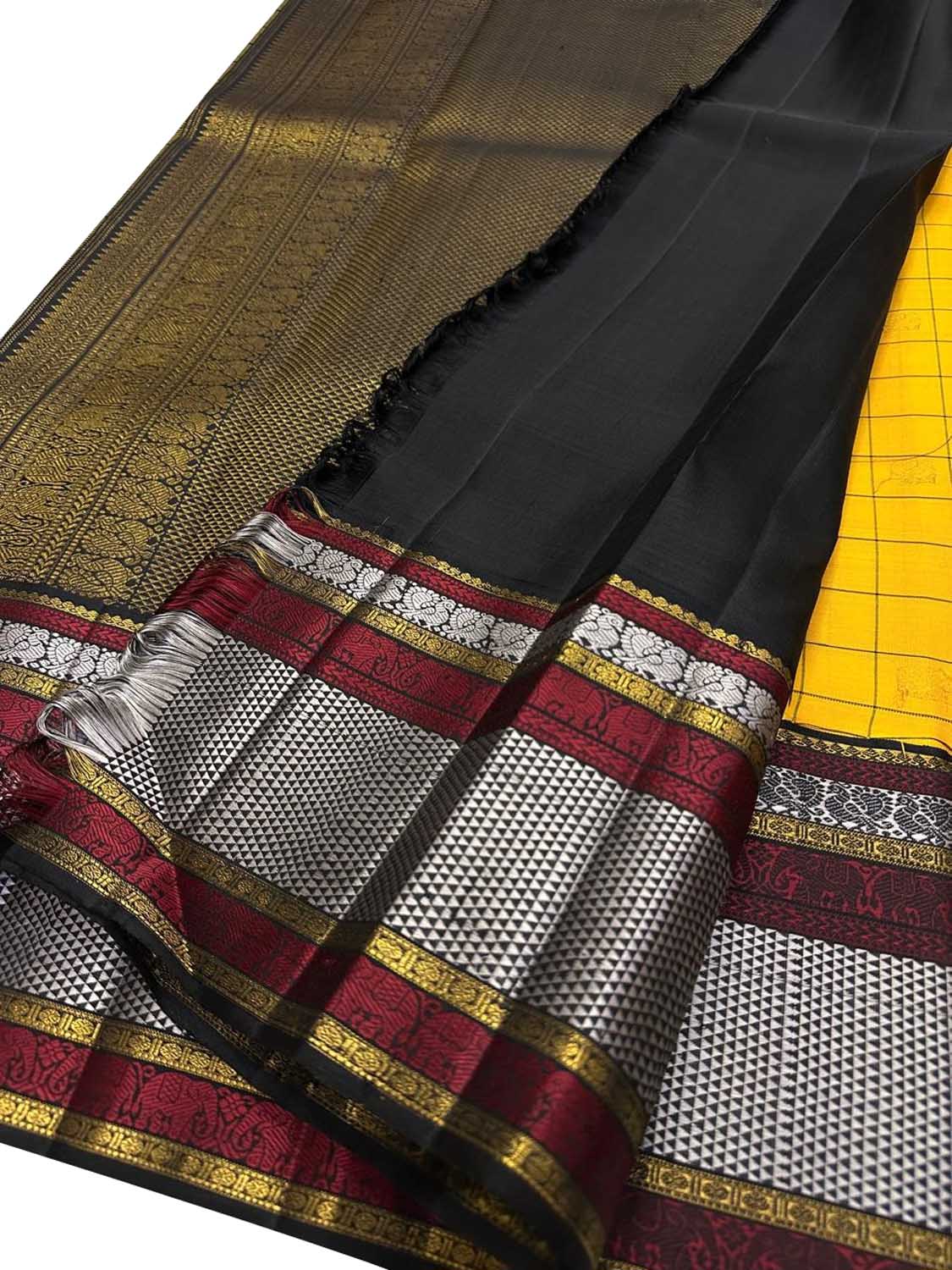 Yellow And Black Checks Handloom Kanjeevaram Pure Silk Saree - Luxurion World