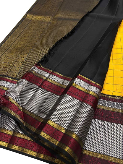 Yellow And Black Checks Handloom Kanjeevaram Pure Silk Saree - Luxurion World