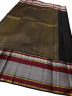 Yellow And Black Checks Handloom Kanjeevaram Pure Silk Saree - Luxurion World
