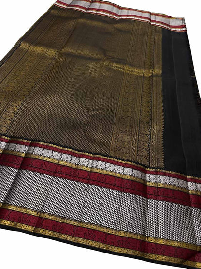 Yellow And Black Checks Handloom Kanjeevaram Pure Silk Saree - Luxurion World