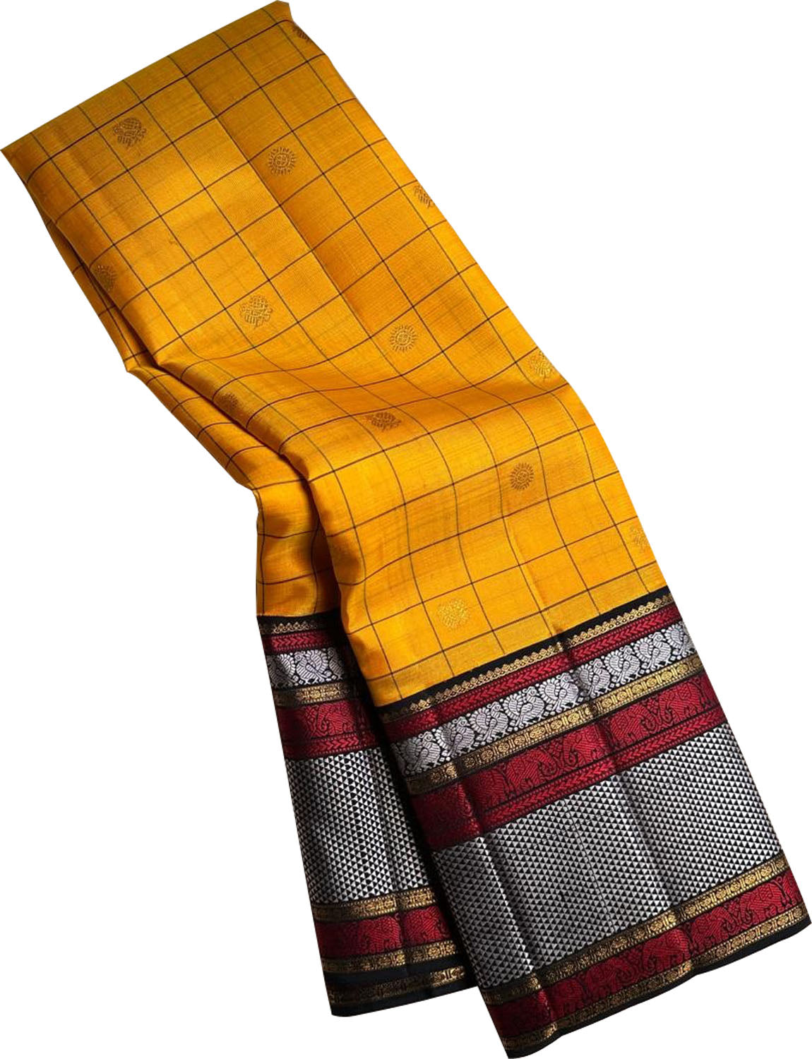 Yellow And Black Checks Handloom Kanjeevaram Pure Silk Saree - Luxurion World
