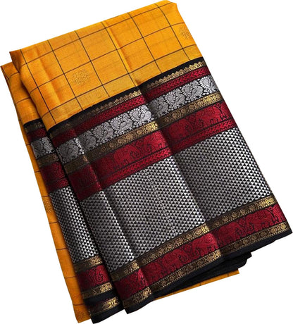 Yellow And Black Checks Handloom Kanjeevaram Pure Silk Saree - Luxurion World