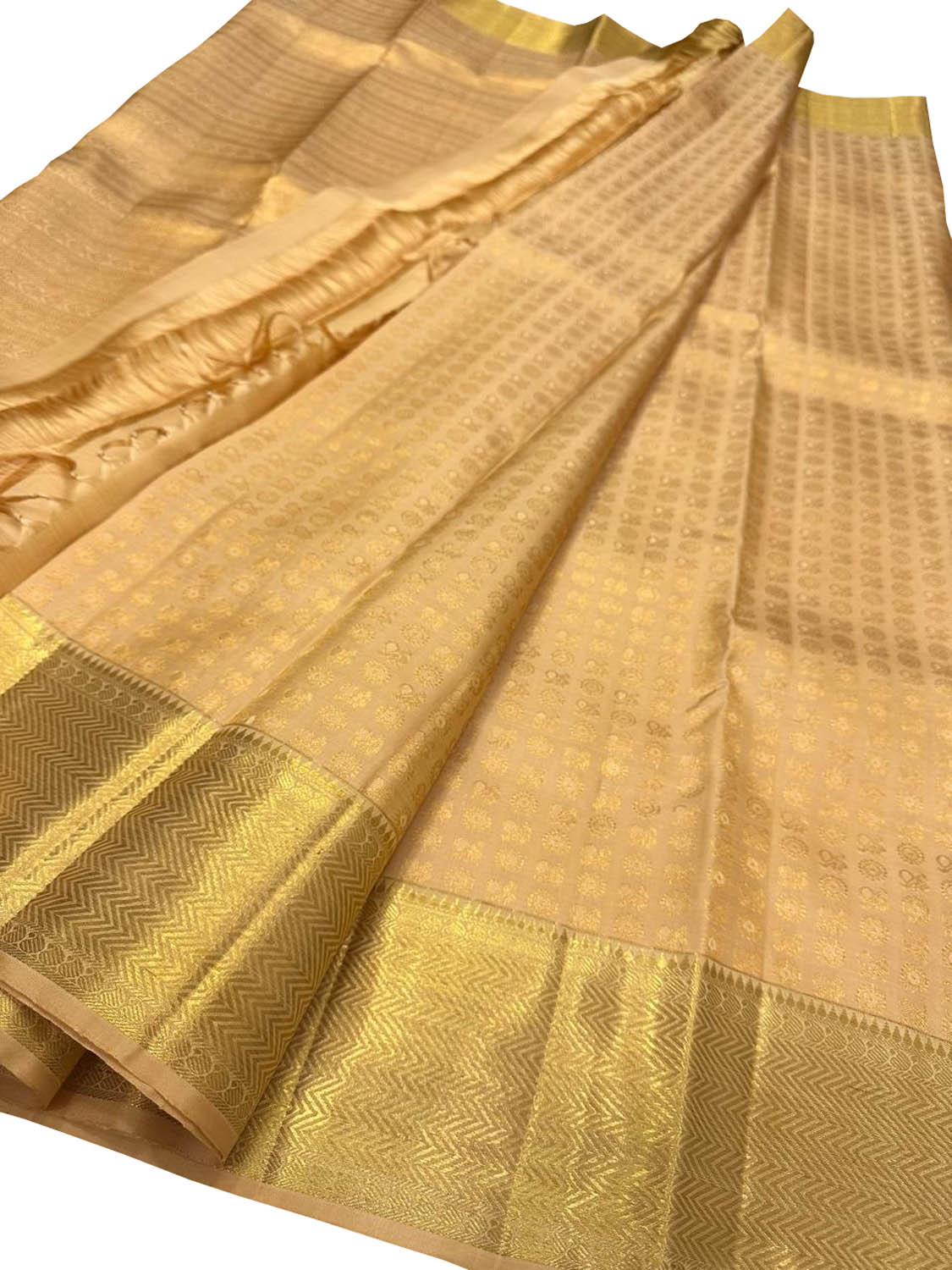 Golden Handloom Kanjeevaram Pure Silk Small Booti Design Saree - Luxurion World