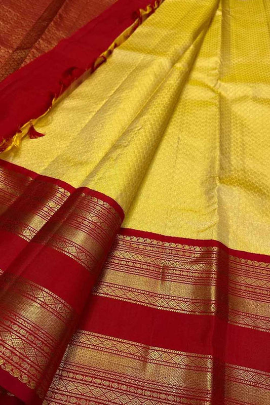 Yellow And Red Handloom Kanjeevaram Pure Silk Saree - Luxurion World