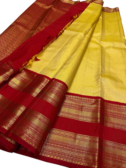 Yellow And Red Handloom Kanjeevaram Pure Silk Saree - Luxurion World