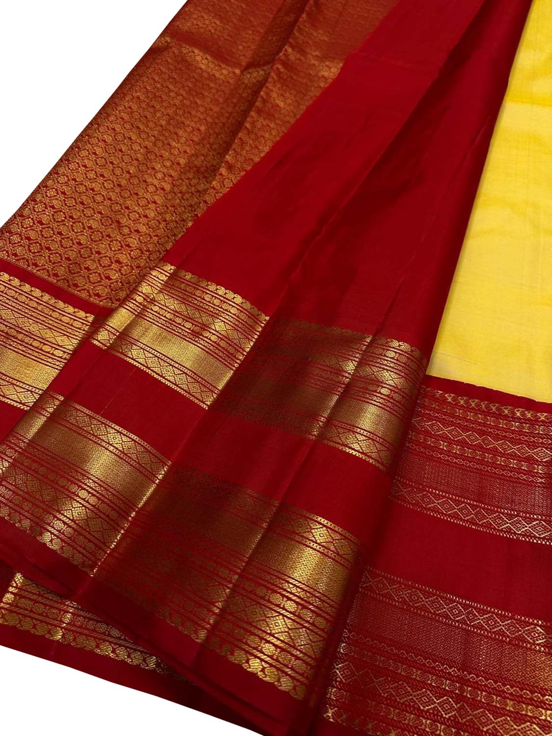 Yellow And Red Handloom Kanjeevaram Pure Silk Saree - Luxurion World