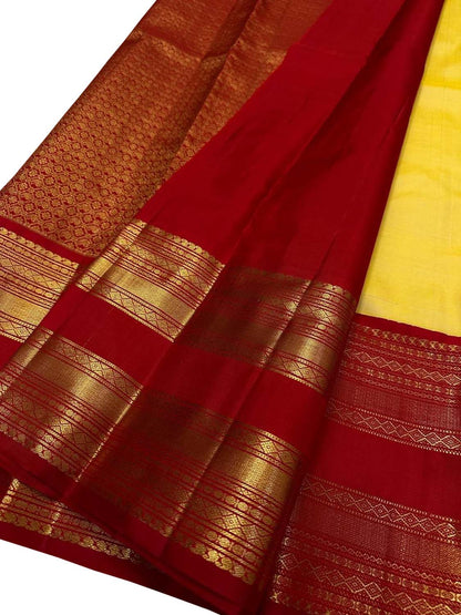 Yellow And Red Handloom Kanjeevaram Pure Silk Saree - Luxurion World