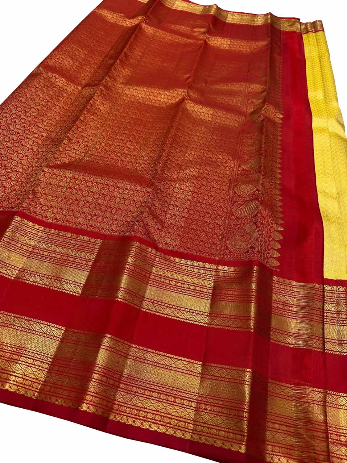 Yellow And Red Handloom Kanjeevaram Pure Silk Saree - Luxurion World