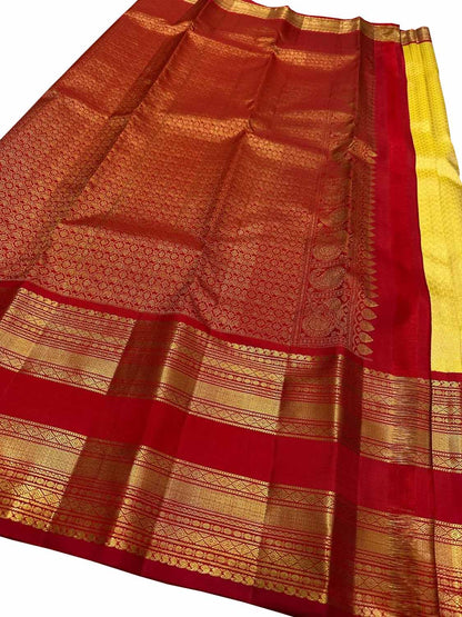 Yellow And Red Handloom Kanjeevaram Pure Silk Saree - Luxurion World