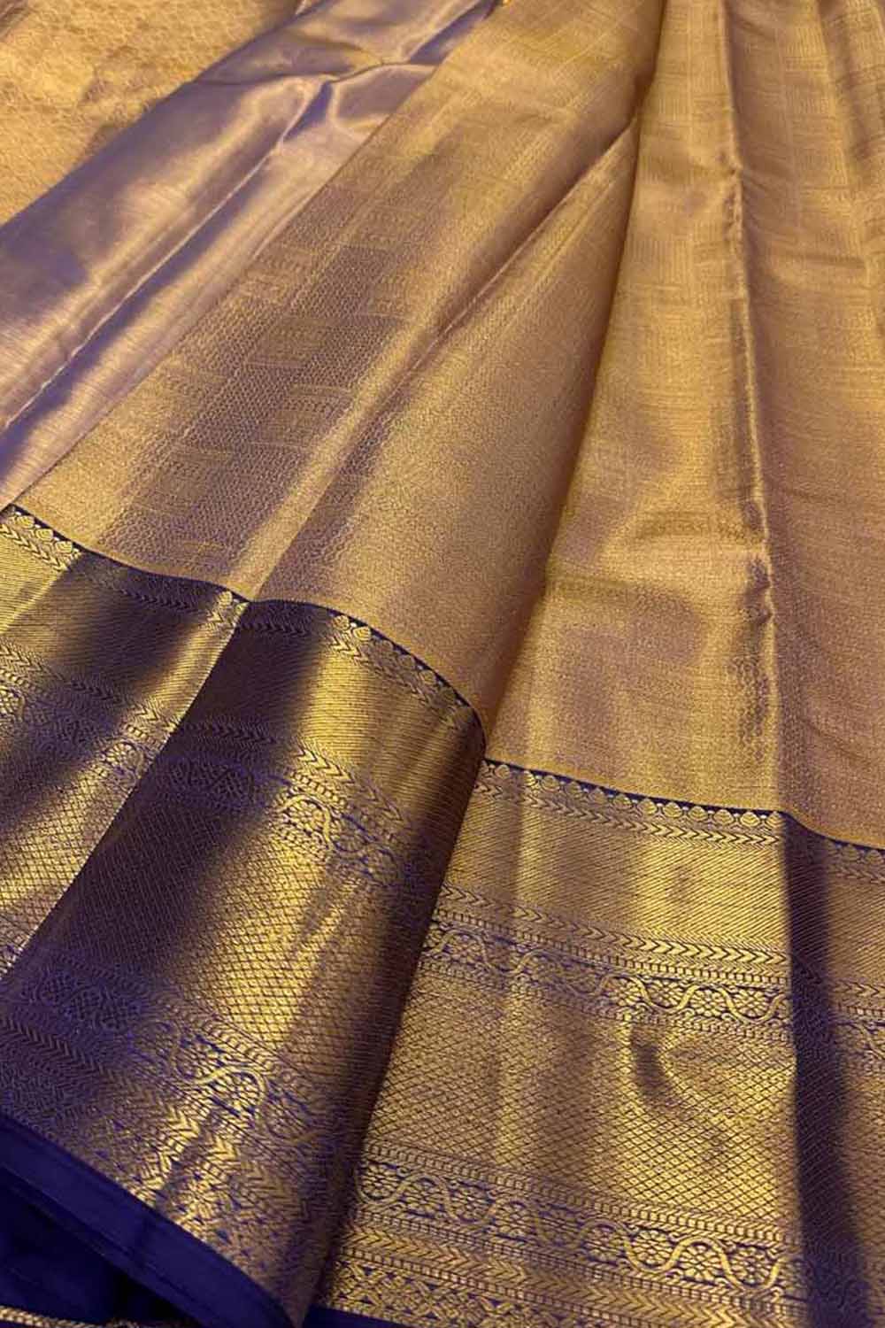 Golden And Blue Handloom Kanjeevaram Pure Silk Saree - Luxurion World