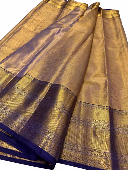 Golden And Blue Handloom Kanjeevaram Pure Silk Saree - Luxurion World