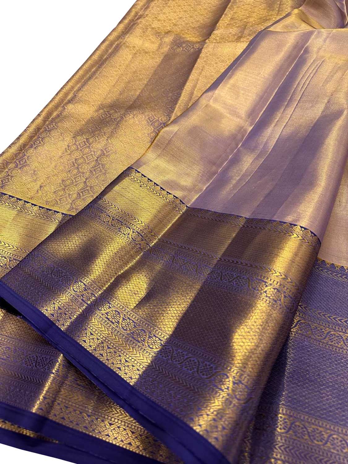 Golden And Blue Handloom Kanjeevaram Pure Silk Saree - Luxurion World