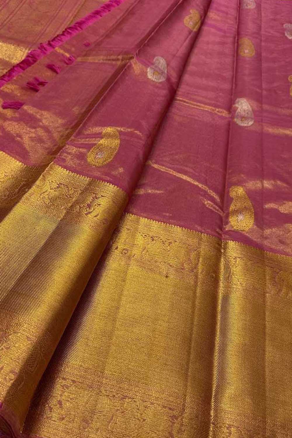 Pink Handloom Kanjeevaram Pure Silk Paisley Design Saree - Luxurion World