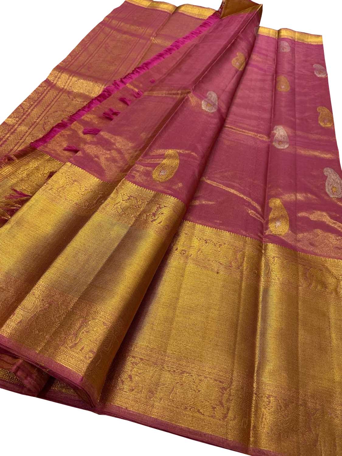 Pink Handloom Kanjeevaram Pure Silk Paisley Design Saree - Luxurion World