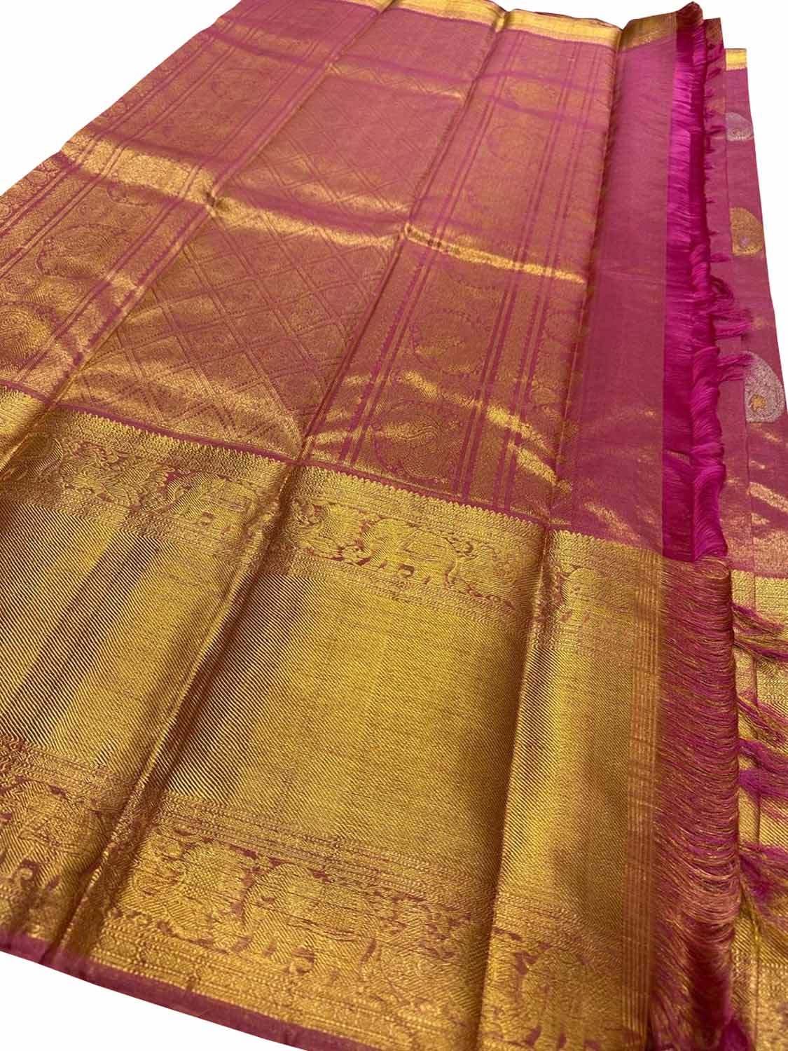 Pink Handloom Kanjeevaram Pure Silk Paisley Design Saree - Luxurion World