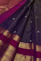 Purple Handloom Kanjeevaram Pure Silk Checks Design Saree - Luxurion World