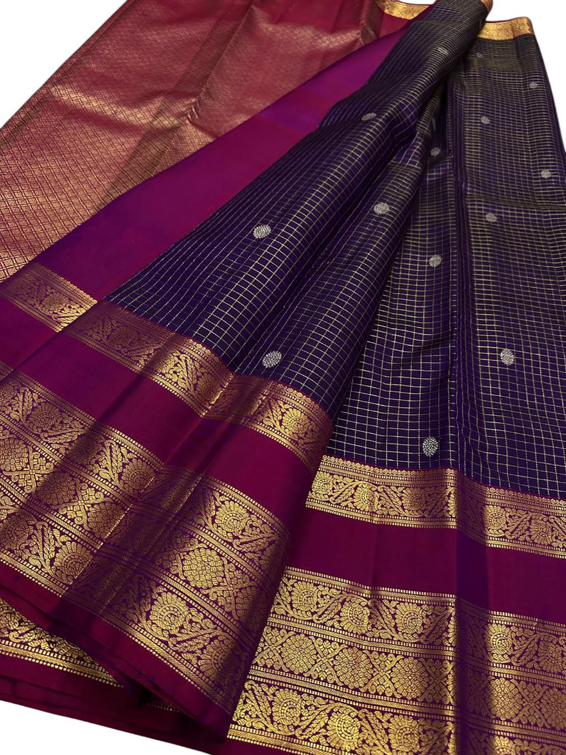 Purple Handloom Kanjeevaram Pure Silk Checks Design Saree - Luxurion World