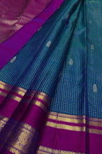 Blue Handloom Kanjeevaram Pure Silk Checks Design Saree - Luxurion World