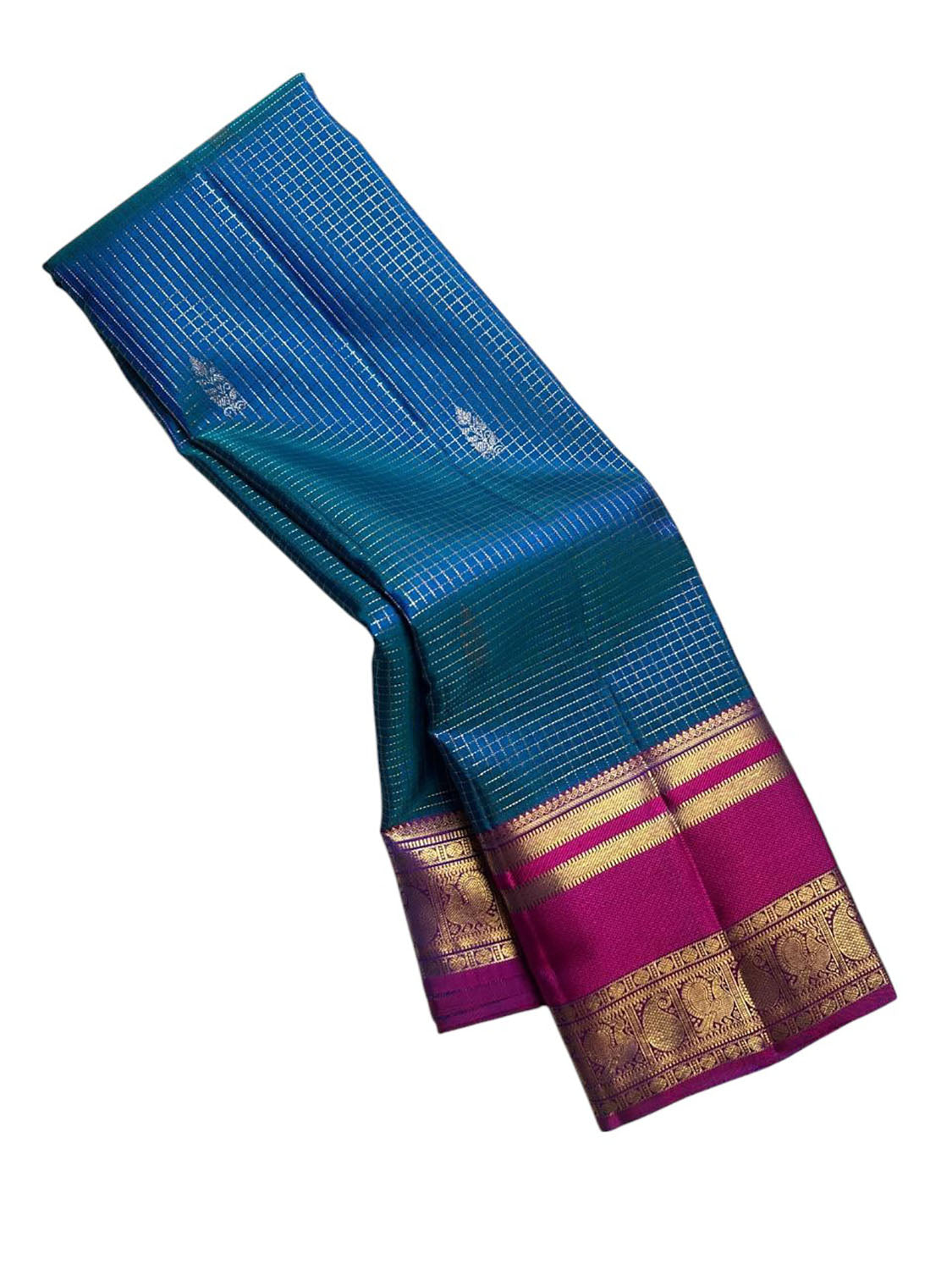 Blue Handloom Kanjeevaram Pure Silk Checks Design Saree - Luxurion World