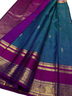 Blue Handloom Kanjeevaram Pure Silk Checks Design Saree - Luxurion World