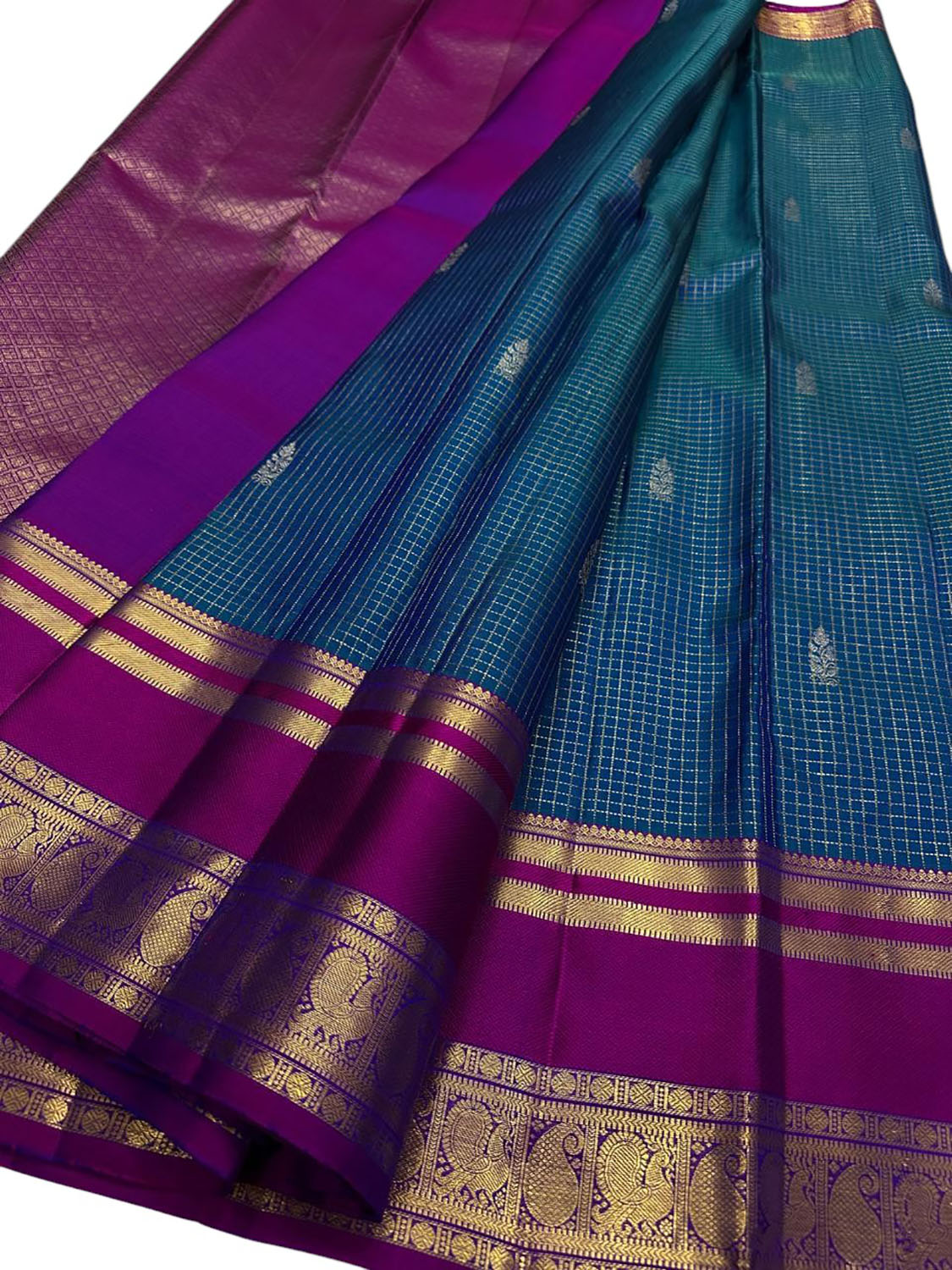 Blue Handloom Kanjeevaram Pure Silk Checks Design Saree - Luxurion World