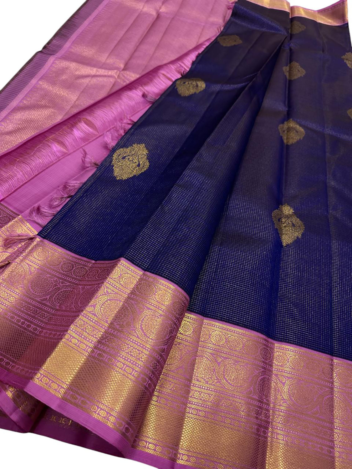 Blue And Pink Handloom Kanjeevaram Pure Silk Saree - Luxurion World