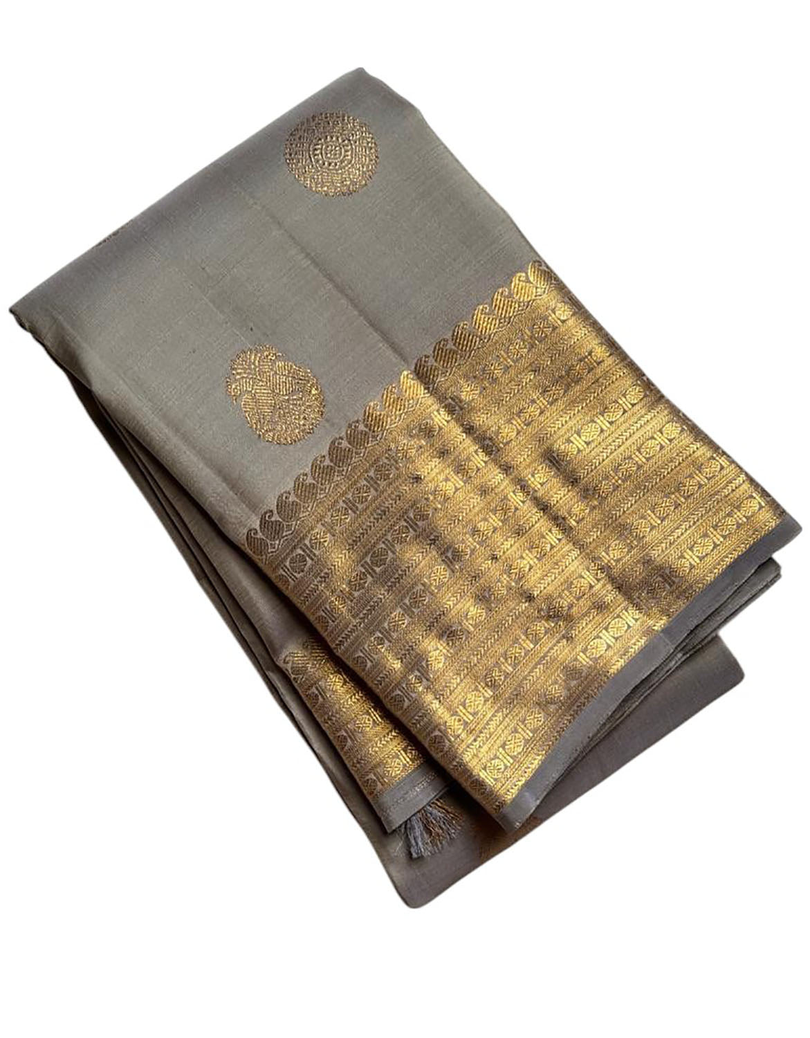 Grey And Golden Handloom Kanjeevaram Pure Silk Saree - Luxurion World