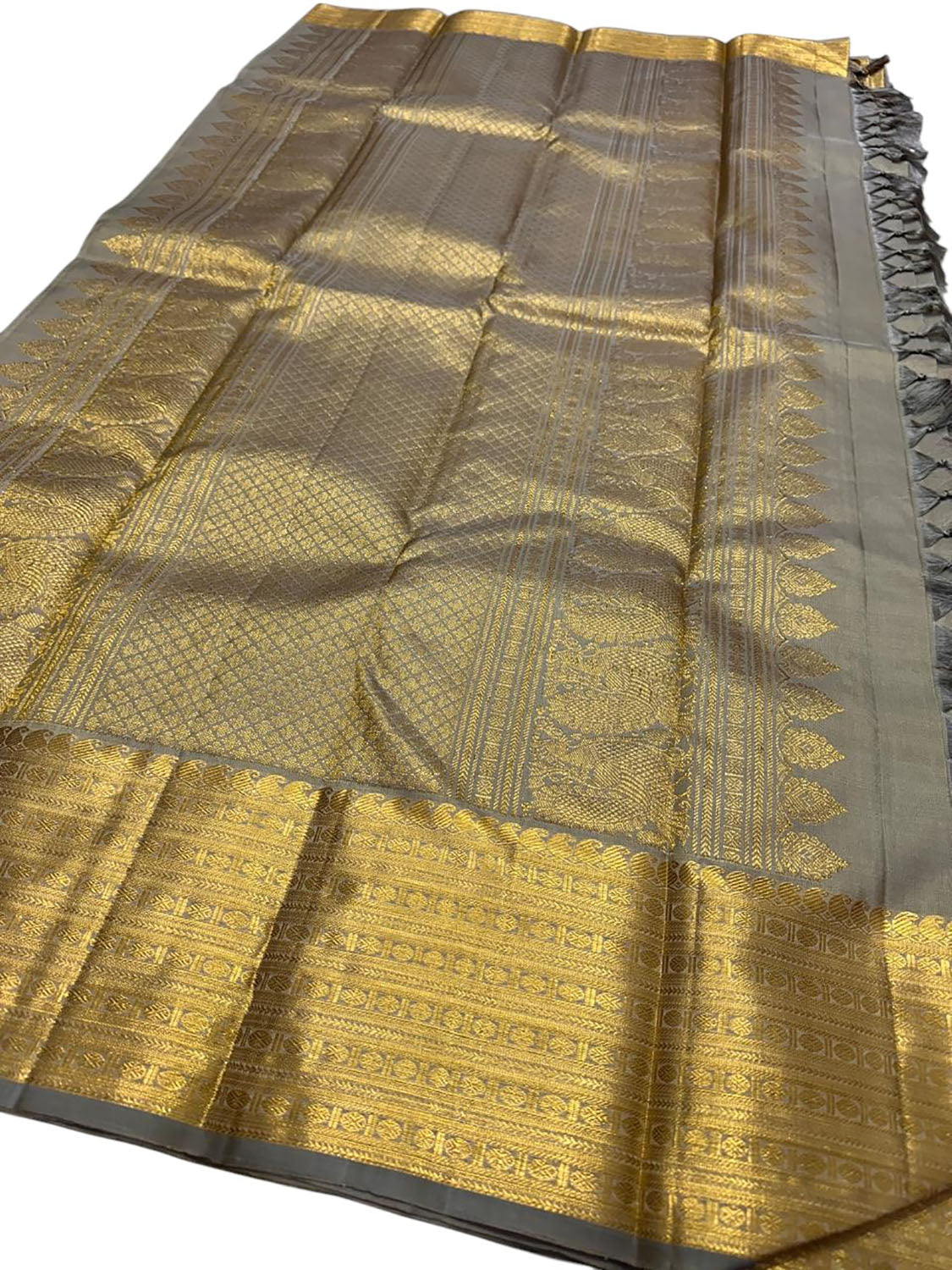 Grey And Golden Handloom Kanjeevaram Pure Silk Saree - Luxurion World
