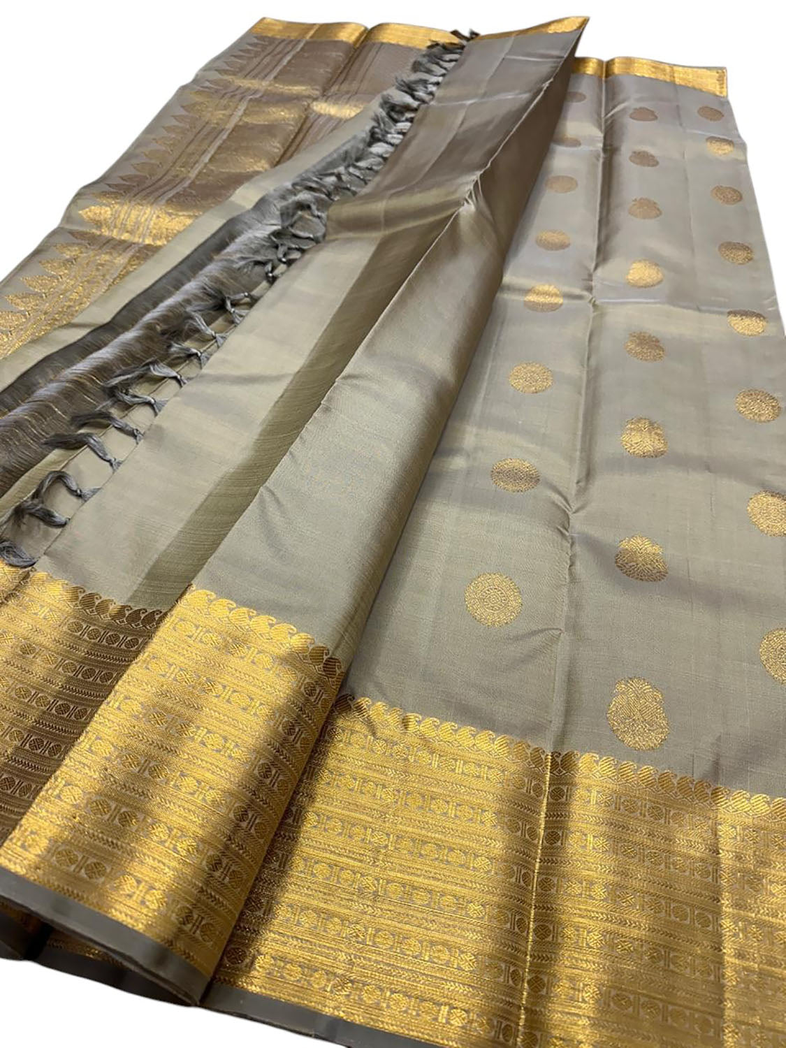 Grey And Golden Handloom Kanjeevaram Pure Silk Saree - Luxurion World