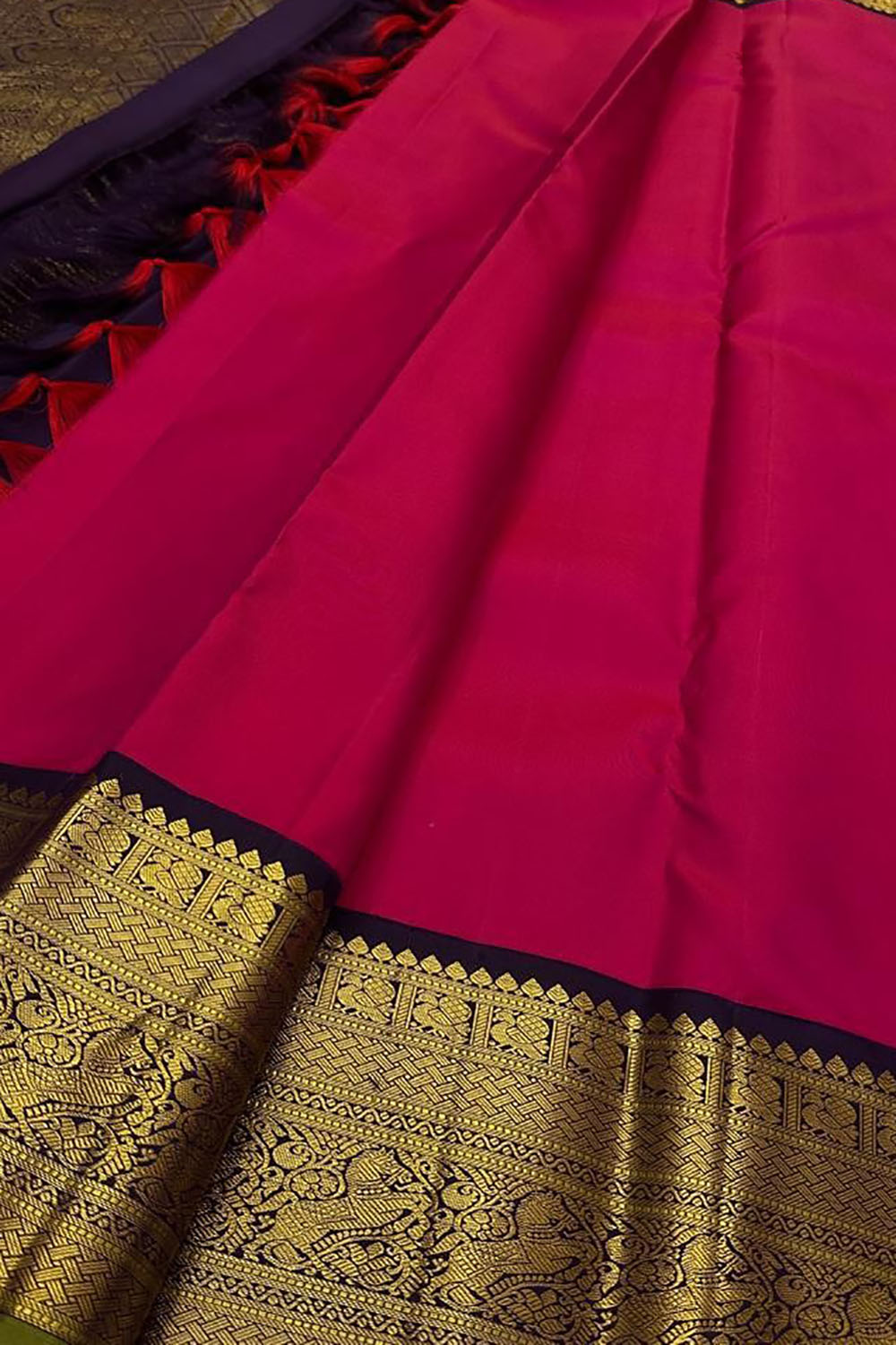 Red And Black Handloom Kanjeevaram Pure Silk Saree - Luxurion World