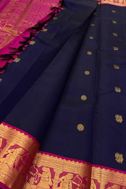 Blue And Pink Handloom Kanjeevaram Pure Silk Saree - Luxurion World