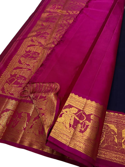Blue And Pink Handloom Kanjeevaram Pure Silk Saree - Luxurion World