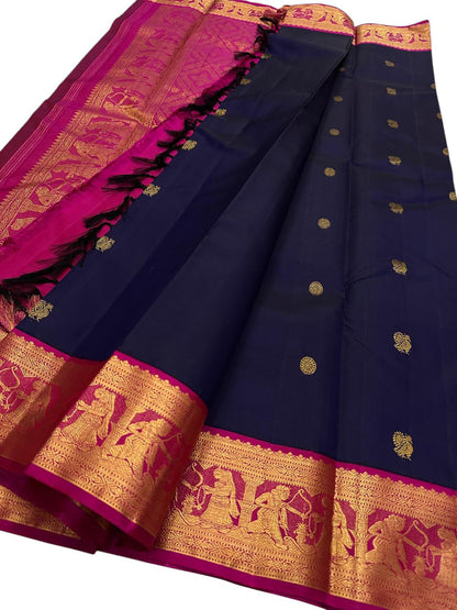 Blue And Pink Handloom Kanjeevaram Pure Silk Saree - Luxurion World