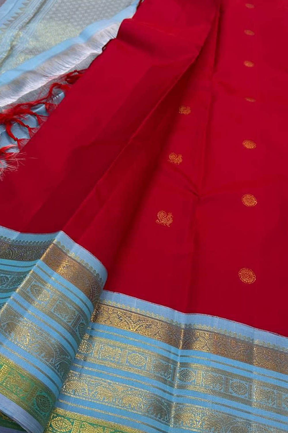 Red And Blue Handloom Kanjeevaram Pure Silk Saree - Luxurion World