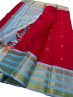 Red And Blue Handloom Kanjeevaram Pure Silk Saree - Luxurion World