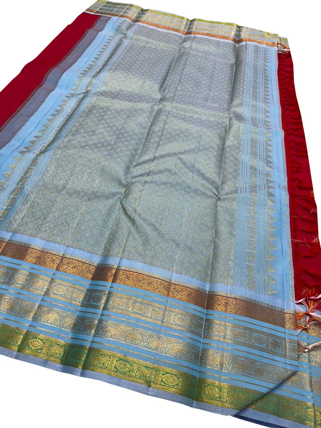 Red And Blue Handloom Kanjeevaram Pure Silk Saree - Luxurion World