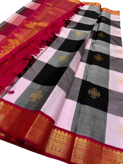 Multicolor Kanjeevaram Handloom Pure Silk Checks Design Saree - Luxurion World